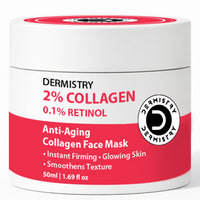 A white plastic jar of Dermistry 2% Collagen 0.1% Retinol Anti-Aging Collagen Face Mask, featuring a white and red label with black and pink text.