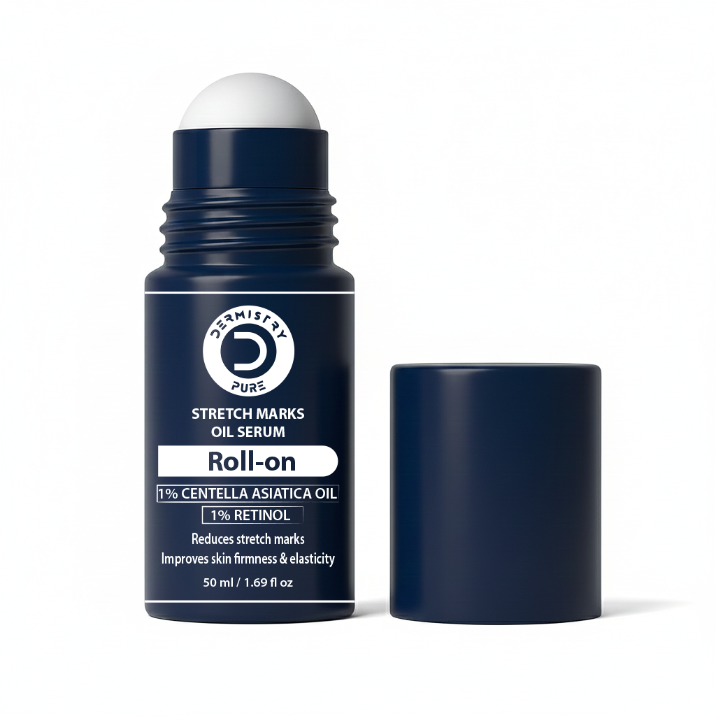 Roll-on bottle of stretch marks oil serum with white cap on a white background