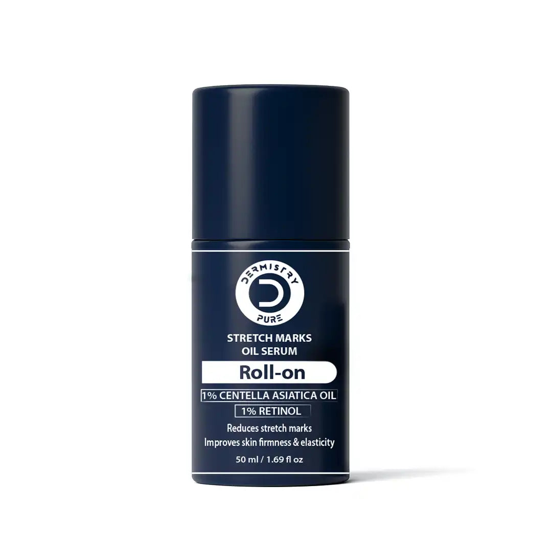 A dark navy blue cylindrical bottle of Dermistry Nuces Stretch Marks Oil Serum with a white and silver label, set against a plain white background.