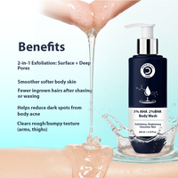 Body wash bottle with water splashes and text listing benefits on a light blue background