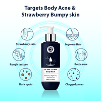 Body wash bottle with text highlighting its benefits for body acne and strawberry bumpy skin on a light blue background.