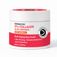 A white jar of Dermistry 5% Collagen 0.5% Retinol Anti-Aging Day Cream with a white, pink, and orange label, set against a plain white background.