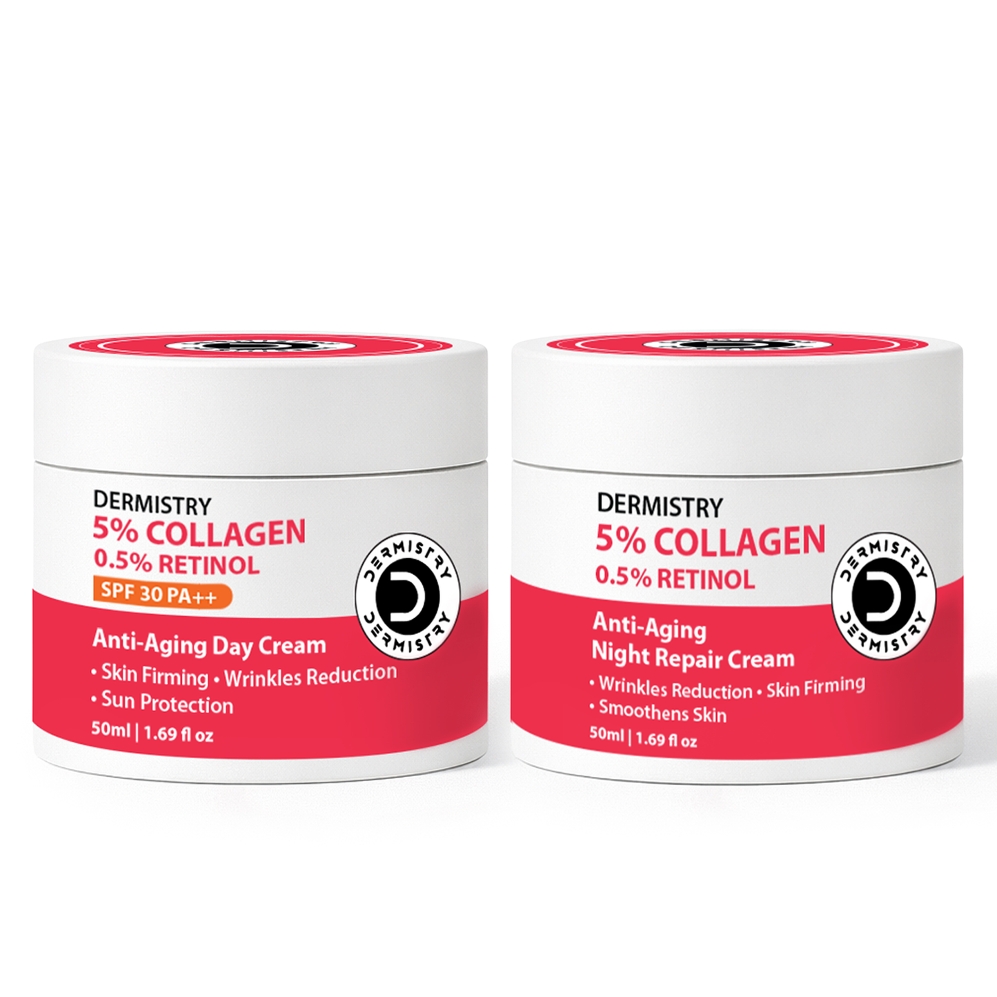 Two white cosmetic jars with red and black labels from Dermistry, shown side by side on a white background. The left jar is labeled '5% Collagen 0.