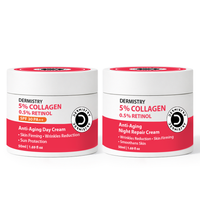 Two white cosmetic jars with red and black labels from Dermistry, shown side by side on a white background. The left jar is labeled '5% Collagen 0.