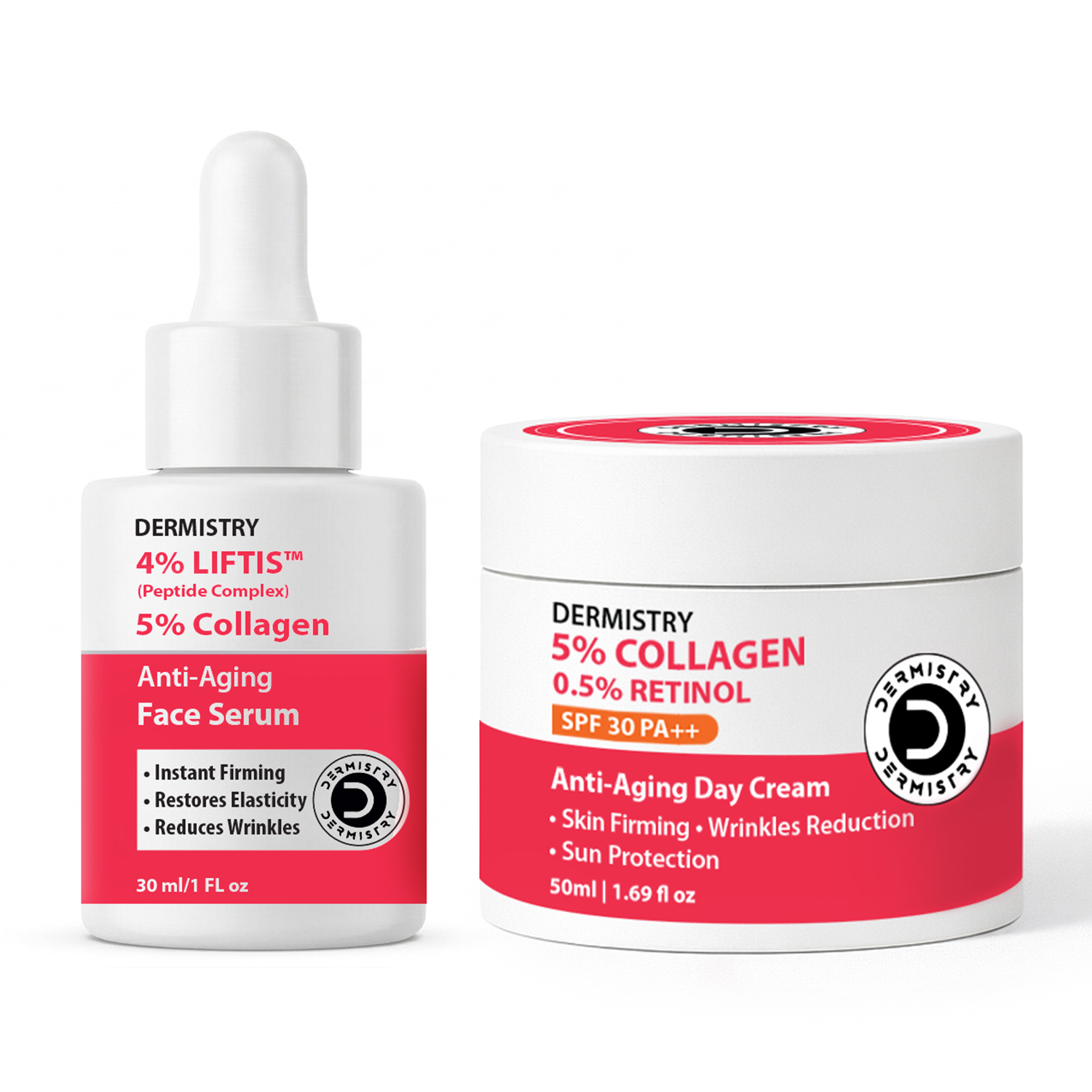 DERMISTRY skincare set featuring a 4% Liftis Peptide Complex face serum dropper bottle and a 5% Collagen Retinol Anti-Aging Day Cream jar, both in white packaging with red and black labels.