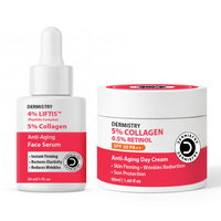 DERMISTRY skincare set featuring a 4% Liftis Peptide Complex face serum dropper bottle and a 5% Collagen Retinol Anti-Aging Day Cream jar, both in white packaging with red and black labels.