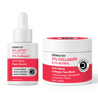 DERMISTRY skincare set featuring a white dropper bottle of 4% Liftis Anti-Aging Face Serum and a white jar of 2% Collagen Face Mask with a red label, on a white background.