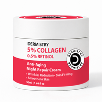 A white cosmetic jar of Dermystry 5% Collagen 0.5% Retinol Anti-Aging Night Repair Cream with a bold red and white label.