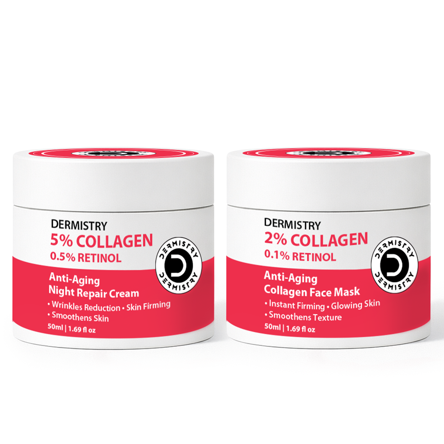Two white cylindrical cosmetic jars from Dermistry on a white background. The left jar is labeled '5% Collagen 0.