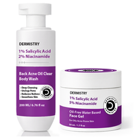 Dermistry Back Acne Oil Clear Body Wash pump bottle and Oil-Free Water Based Face Gel jar, both white with purple labels, on a white background.