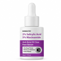Dermistry 2% Salicylic Acid 5% Niacinamide Anti-Acne Oil Clear Face Serum in a white dropper bottle with a purple label, on a white background.