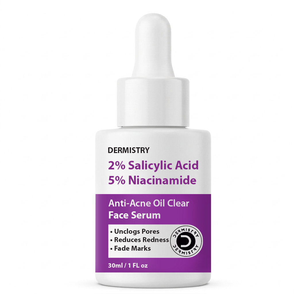 Dermistry 2% Salicylic Acid 5% Niacinamide Anti-Acne Oil Clear Face Serum in a white dropper bottle with a purple label, on a white background.