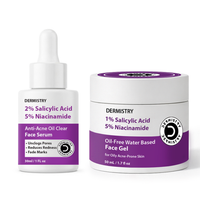 DERMISTRY skincare set featuring a 30 mL bottle of 2% Salicylic Acid 5% Niacinamide Anti-Acne Oil Clear Face Serum and a 50 mL jar of 1% Salicylic Acid 5% Niacinamide Oil-Free Water Based Face Gel, both with white packaging and purple labels, on a white background.