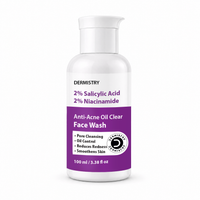 A white plastic bottle of Dermistry 2% Salicylic Acid and 2% Niacinamide Anti-Acne Oil Clear Face Wash, featuring a white and purple label with a white cap, set against a plain white background.