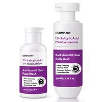 Two white cosmetic bottles from Dermistry on a white background: a smaller Face Wash bottle on the left and a larger Back Acne Oil Clear Body Wash pump bottle on the right, both with white caps and purple labels.
