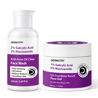 A white plastic bottle of Dermistry Anti-Acne Oil Clear Face Wash and a white jar of Dermistry Oil-Free Water Based Face Gel, both featuring purple and white labels, set against a plain white background.