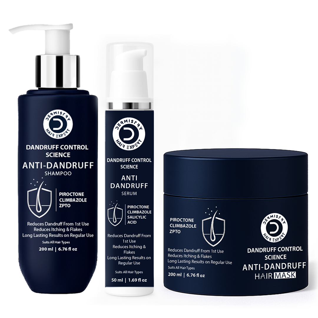 Three dark navy blue hair care containers from Danduff Control Science on a white background: a shampoo pump bottle, a serum spray bottle, and a hair mask jar.