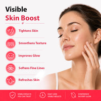 Promotional graphic for a skincare product called Visible Skin Boost, featuring a woman touching her face on the right and a list of benefits on the left, including tightening skin, smoothing texture, improving glow, softening fine lines, and refreshing skin.