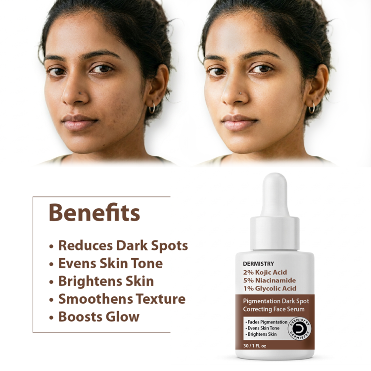 Before-and-after face photos of a woman on the top, with a text list of benefits on the left and a bottle of Dermistry Pigmentation Dark Spot Correcting Face Serum on the bottom right.