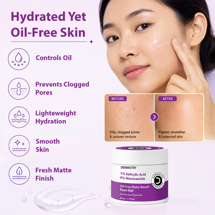 A skincare ad for DERMISTRY Hydrated Yet Oil-Free Skin Face Gel. The image features a woman touching her cheek with a clear gel, alongside product benefits, a before-and-after skin comparison, and the white and purple jar of face gel at the bottom.