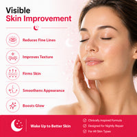 Promotional skincare graphic with a woman touching her face on the right and text on the left claiming visible skin improvement, listing benefits such as reducing fine lines, improving texture, firming skin, smoothing appearance, and boosting glow.