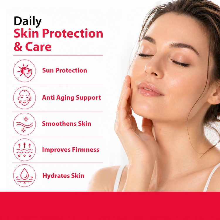 Promotional skincare graphic with a woman touching her face on the right and text on the left reading 'Daily Skin Protection & Care' plus benefits: sun protection, anti aging support, smooths skin, improves firmness, and hydrates skin.
