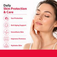 Promotional skincare graphic with a woman touching her face on the right and text on the left reading 'Daily Skin Protection & Care' plus benefits: sun protection, anti aging support, smooths skin, improves firmness, and hydrates skin.
