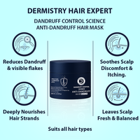 Dermistry hair mask packaging with features on a light blue background