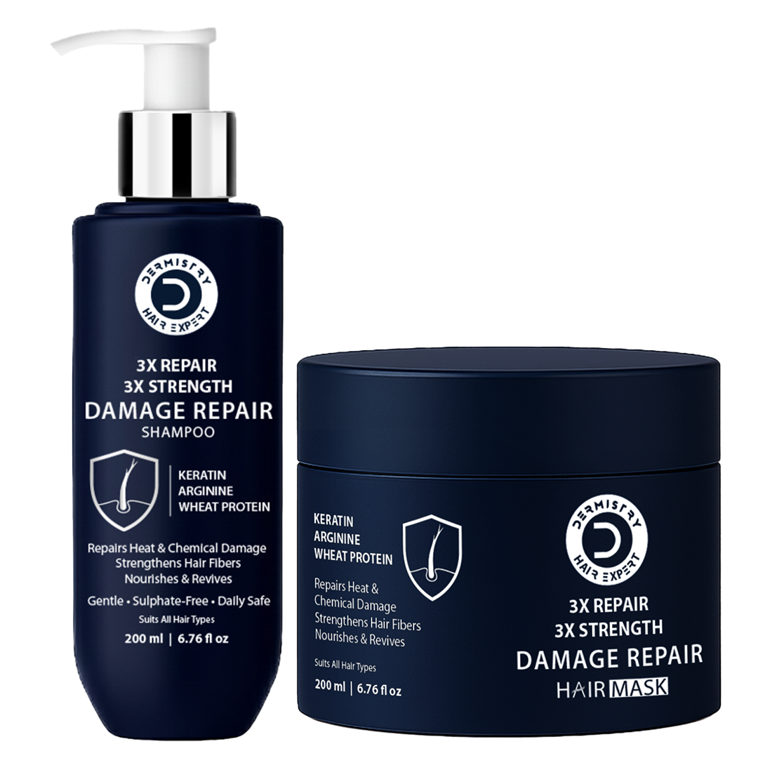 Dermistry Hair Care 3X Repair 3X Strength Damage Repair Shampoo and Hair Mask set, featuring a navy blue pump bottle and a matching jar with silver and white text on a white background.