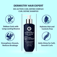 Dermistry Hair Expert Curl Define Shampoo bottle with features on a light blue background