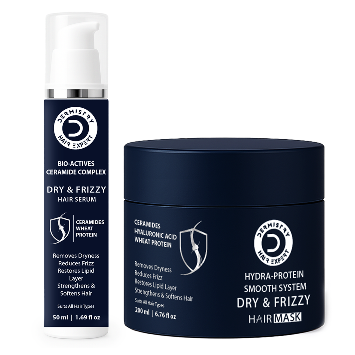 Dermistry Hair Expert Dry & Frizzy Hair Serum bottle next to a matching Hydra-Protein Smooth System Dry & Frizzy Hair Mask jar, both in navy blue and white packaging on a white background.