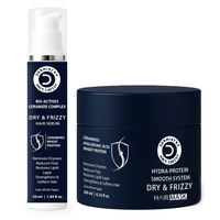 Dermistry Hair Expert Dry & Frizzy Hair Serum bottle next to a matching Hydra-Protein Smooth System Dry & Frizzy Hair Mask jar, both in navy blue and white packaging on a white background.