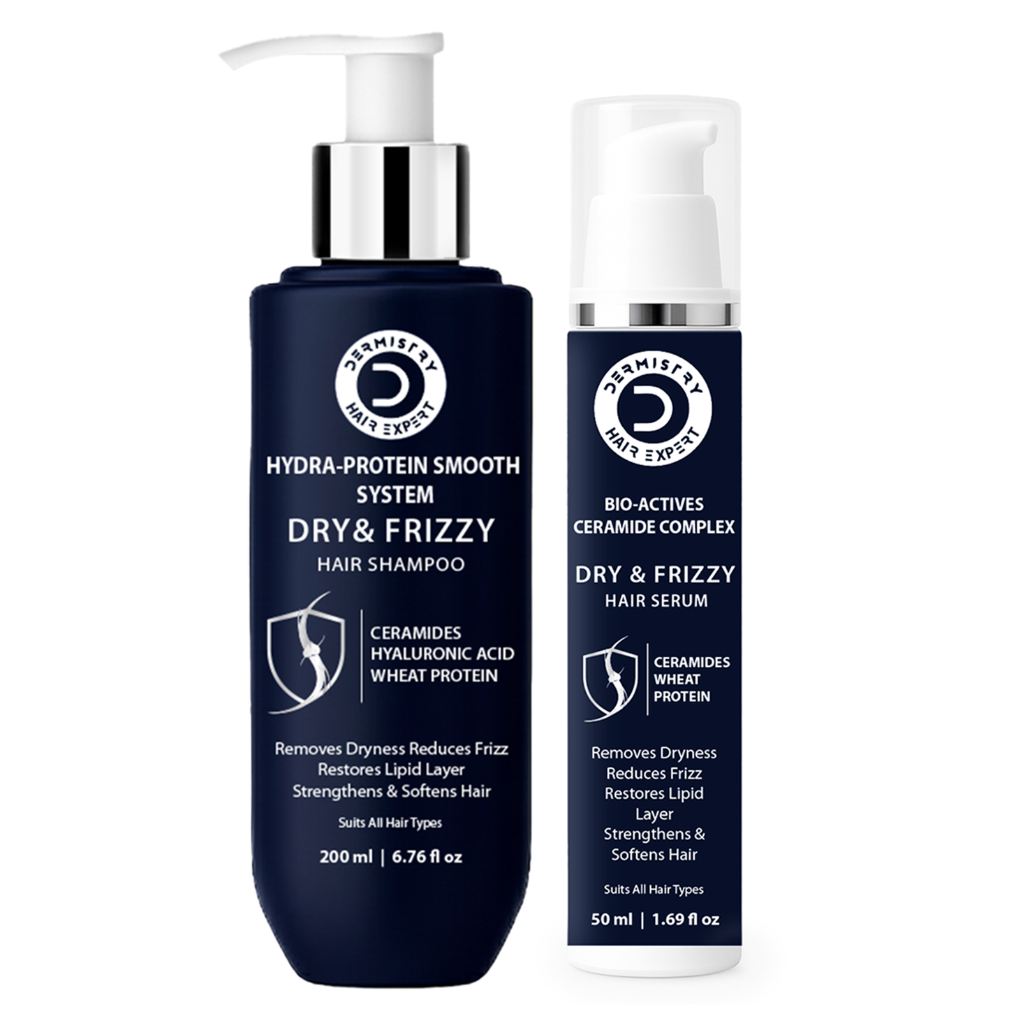 Dermistry Hair Systems Hydra-Protein Smooth System Dry & Frizzy Hair Shampoo in a dark navy blue pump bottle next to its matching Dry & Frizzy Hair Serum in a dark navy blue and white pump bottle, on a white background.