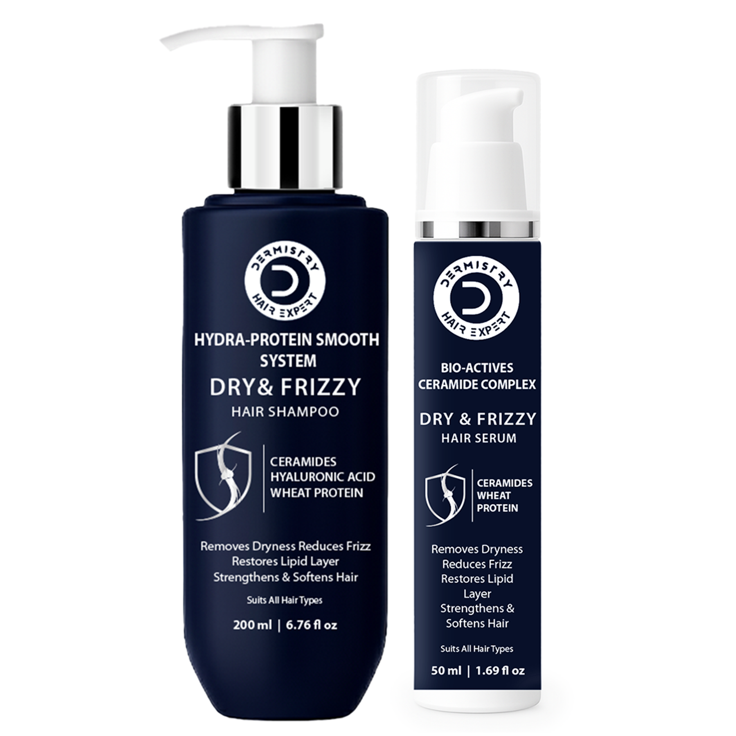 Dermistry Hair Systems Hydra-Protein Smooth System Dry & Frizzy Hair Shampoo in a dark navy blue pump bottle next to its matching Dry & Frizzy Hair Serum in a dark navy blue and white pump bottle, on a white background.