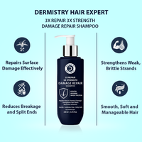 A dark navy blue pump bottle of Dermistry Hair Expert 3X Repair 3X Strength Damage Repair Shampoo centered on a light blue background, surrounded by marketing text and feature icons.