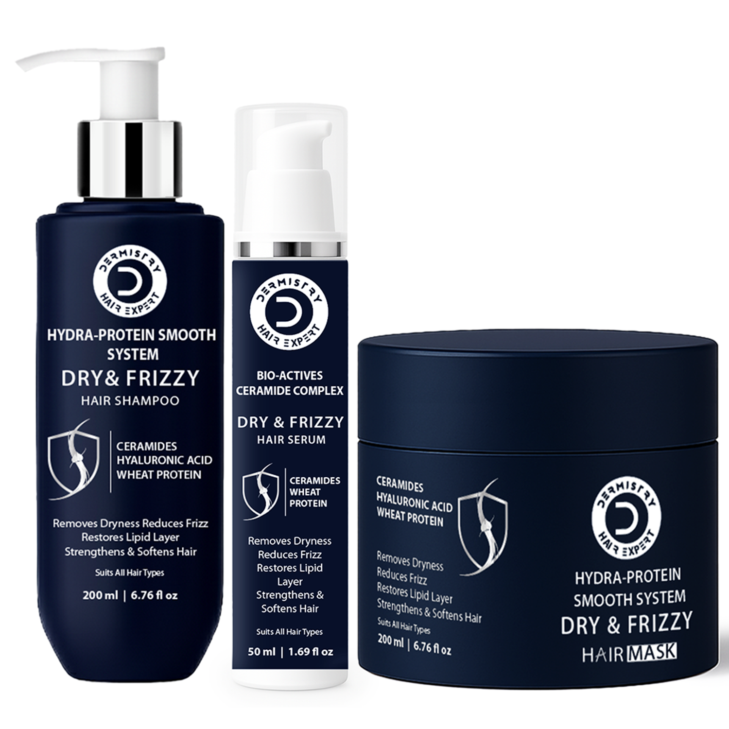 Three dark navy blue hair care containers from Danduff Control Science on a white background: a shampoo pump bottle, a serum spray bottle, and a hair mask jar.