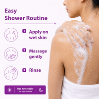 Promotional graphic for an easy shower routine, showing a woman from the back with soap foam on her shoulder and upper back. Purple text lists three steps: apply on wet skin, massage gently, and rinse.