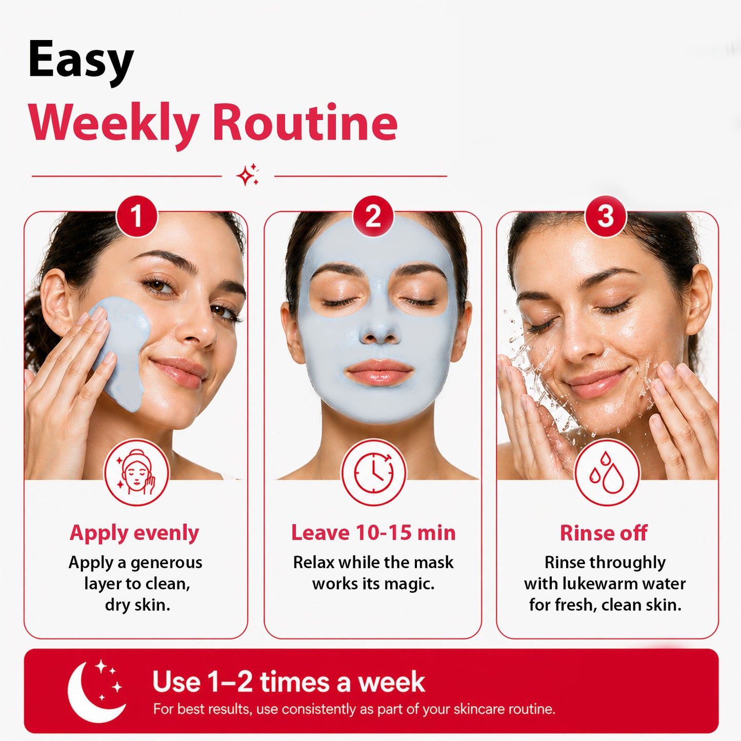 Instructional graphic showing a 3-step weekly skincare routine: Step 1 Apply evenly, Step 2 Leave 10-15 min, Step 3 Rinse off. The graphic includes three panels with photos of a woman applying and rinsing a blue facial mask, plus text instructions and a red footer that says use 1-2 times a week.