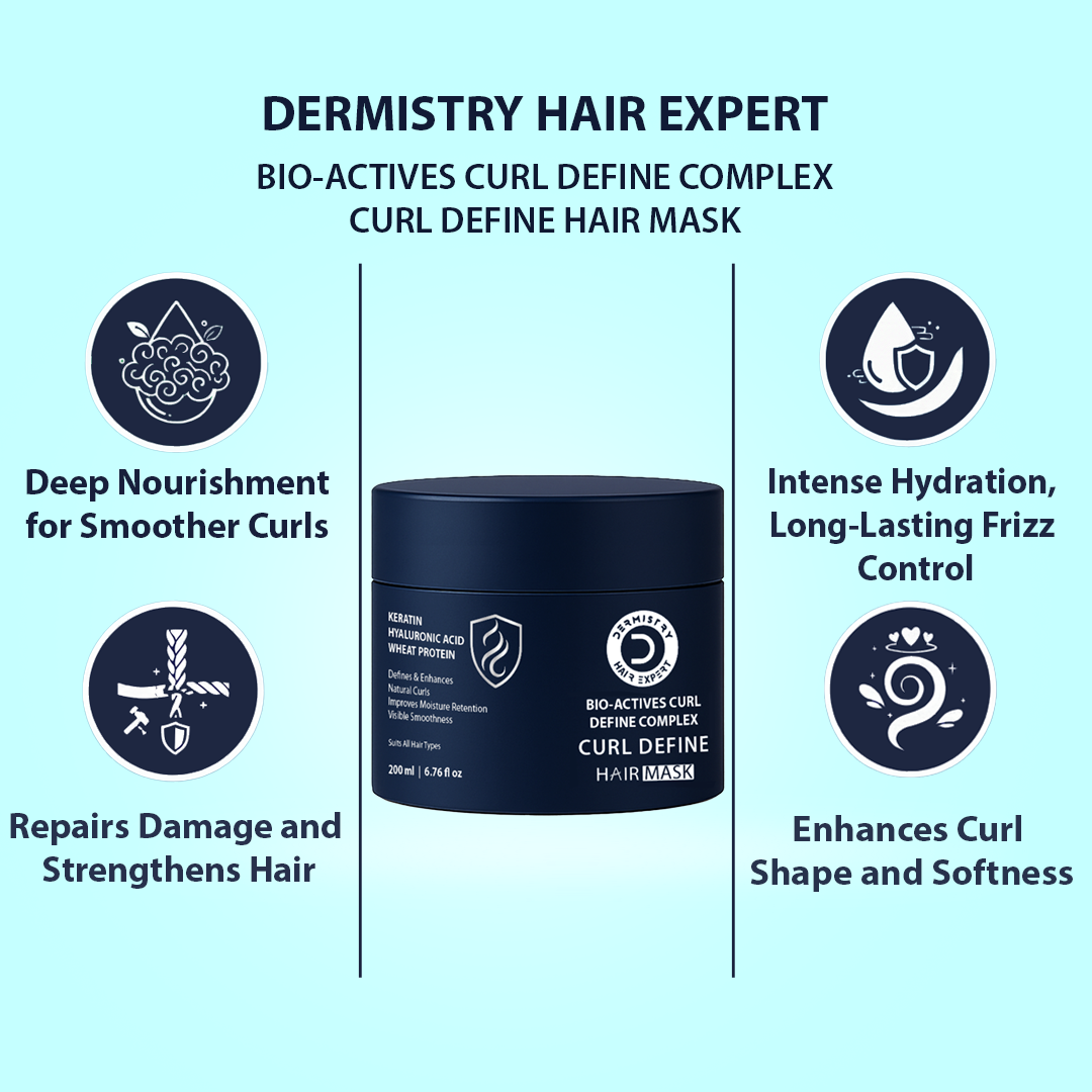Dermistry Hair Expert Curl Define Complex hair mask with benefits on a light blue background
