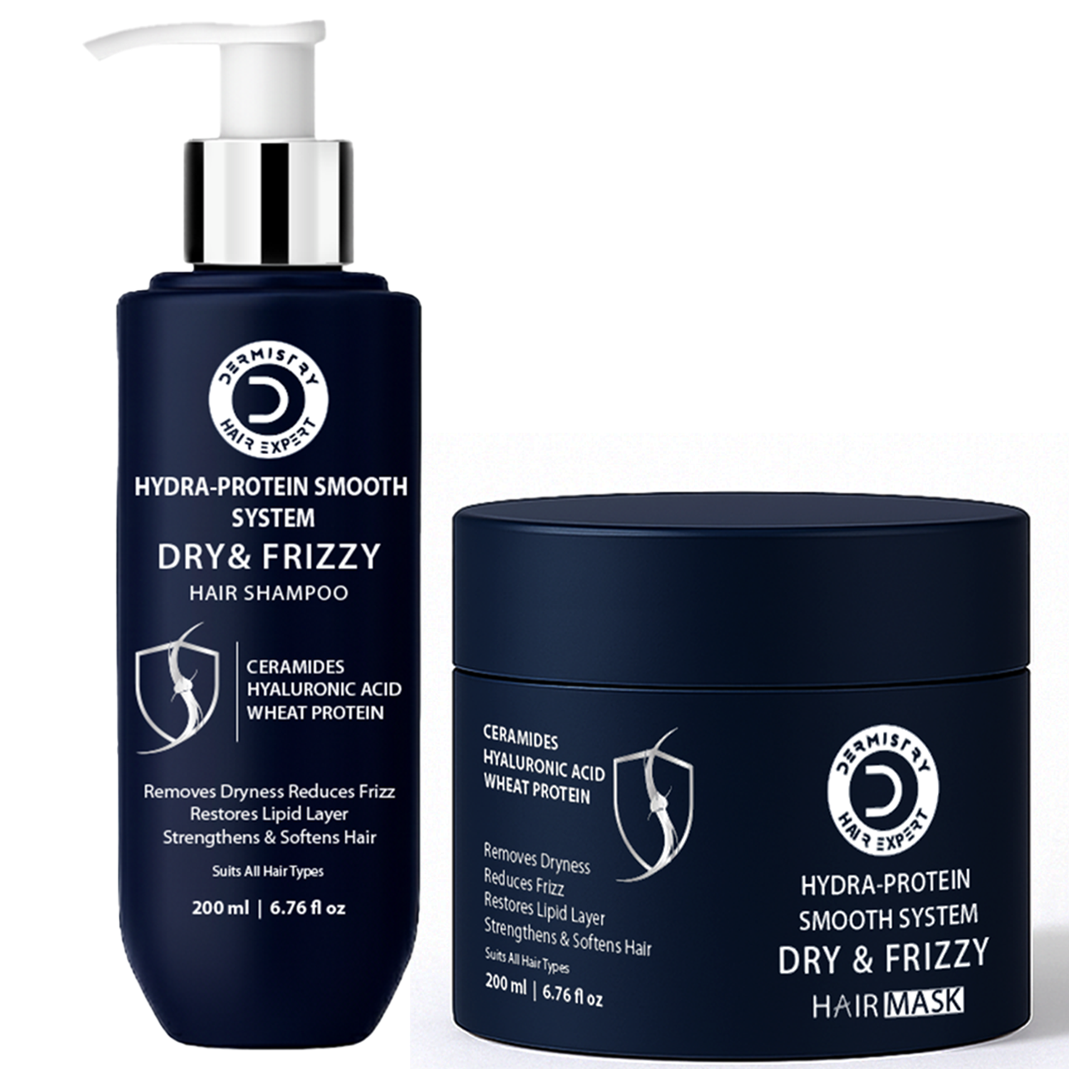 Hair shampoo and mask set for dry and frizzy hair by Dermaly Men Expert on a white background.
