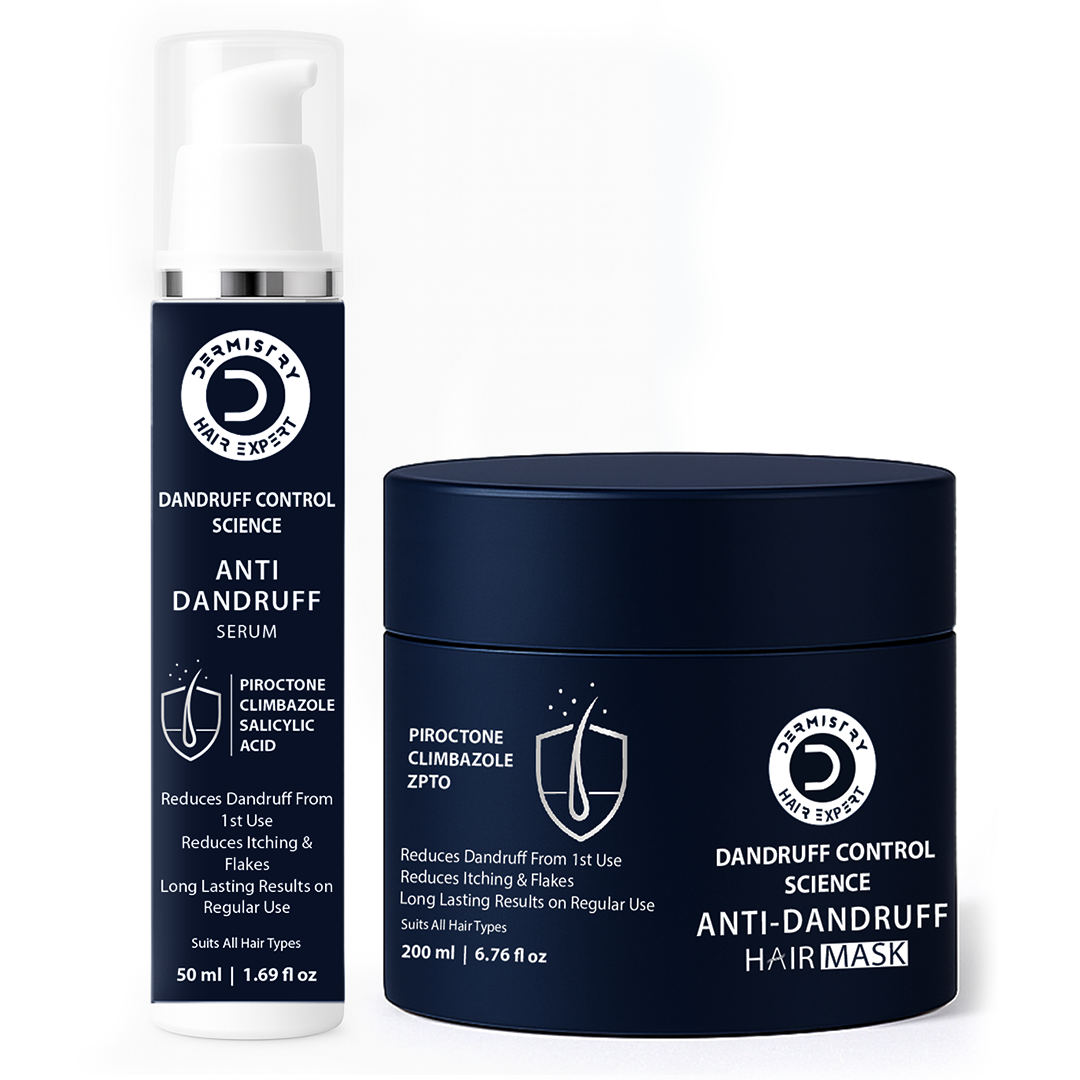 Two hair care products, an anti-dandruff serum and a hair mask, on a white background.
