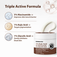 Dermistry Triple Active Formula Dark Spots & Pigmentation Remove Face Cream jar shown on a white background with ingredient callouts and a cream smear graphic.