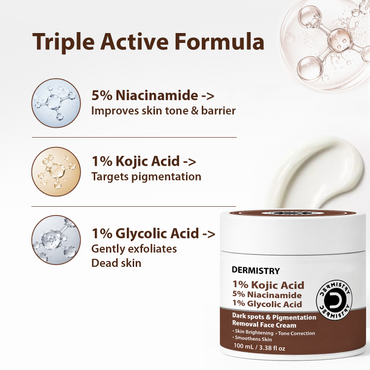 Dermistry Triple Active Formula Dark Spots & Pigmentation Remove Face Cream jar shown on a white background with ingredient callouts and a cream smear graphic.