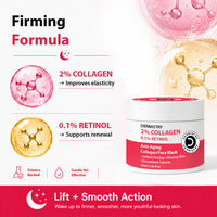 A cosmetic jar labeled 'DERMISTRY 2% COLLAGEN 0.1% RETINOL' shown on a white background with marketing text and gel graphics.