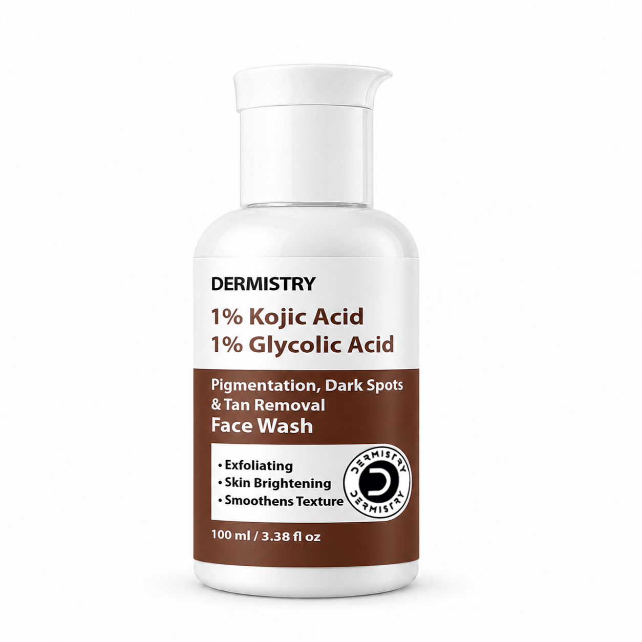 A 100 ml bottle of Dermistry 1% Kojic Acid and 1% Glycolic Acid Face Wash, featuring a white bottle with a brown label section and a white cap, set against a plain white background.