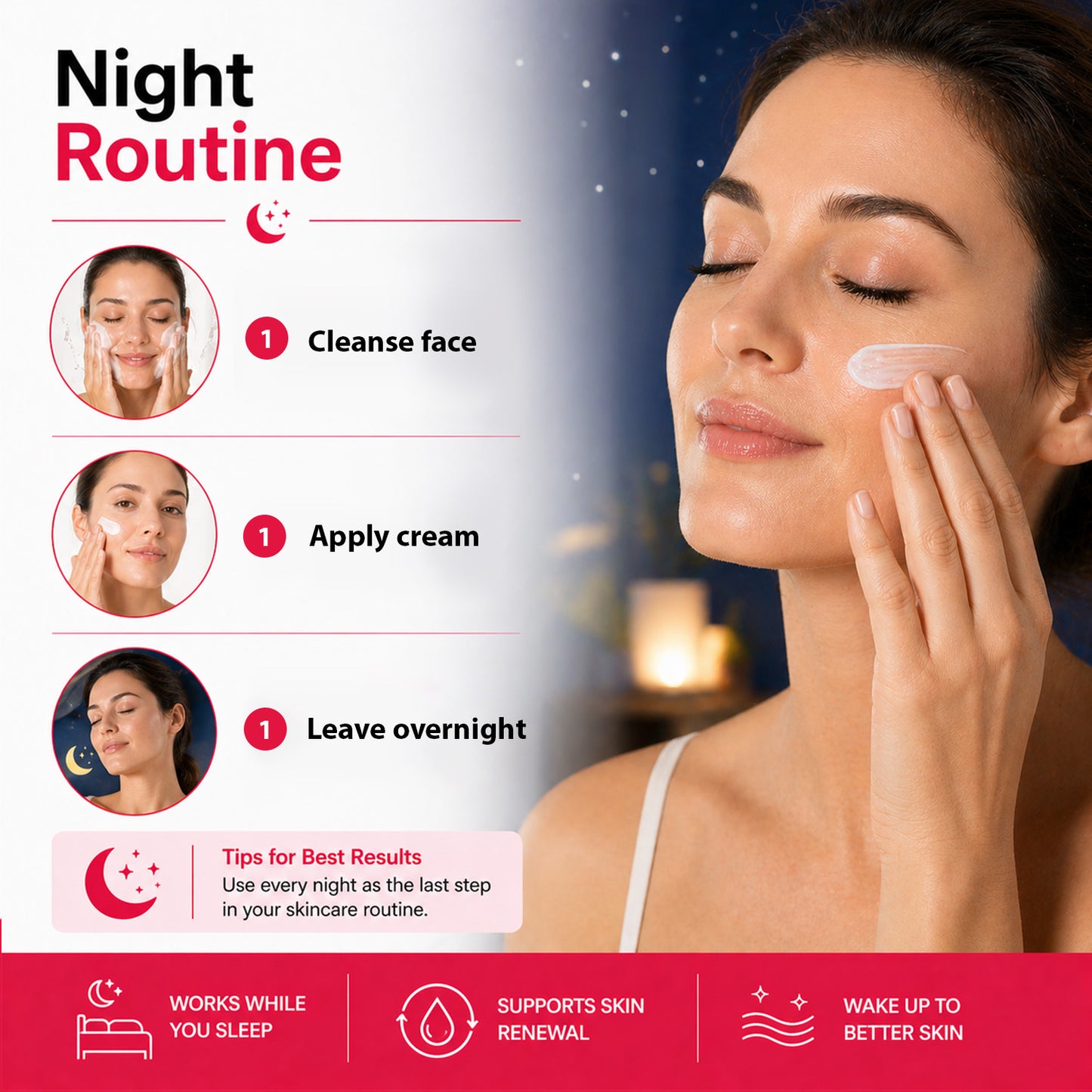 A promotional graphic for a night skincare routine, featuring a woman applying cream to her face against a dark blue starry background. The left side lists steps: cleanse face, apply cream, leave overnight, with tips for best results.