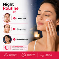 A promotional graphic for a night skincare routine, featuring a woman applying cream to her face against a dark blue starry background. The left side lists steps: cleanse face, apply cream, leave overnight, with tips for best results.