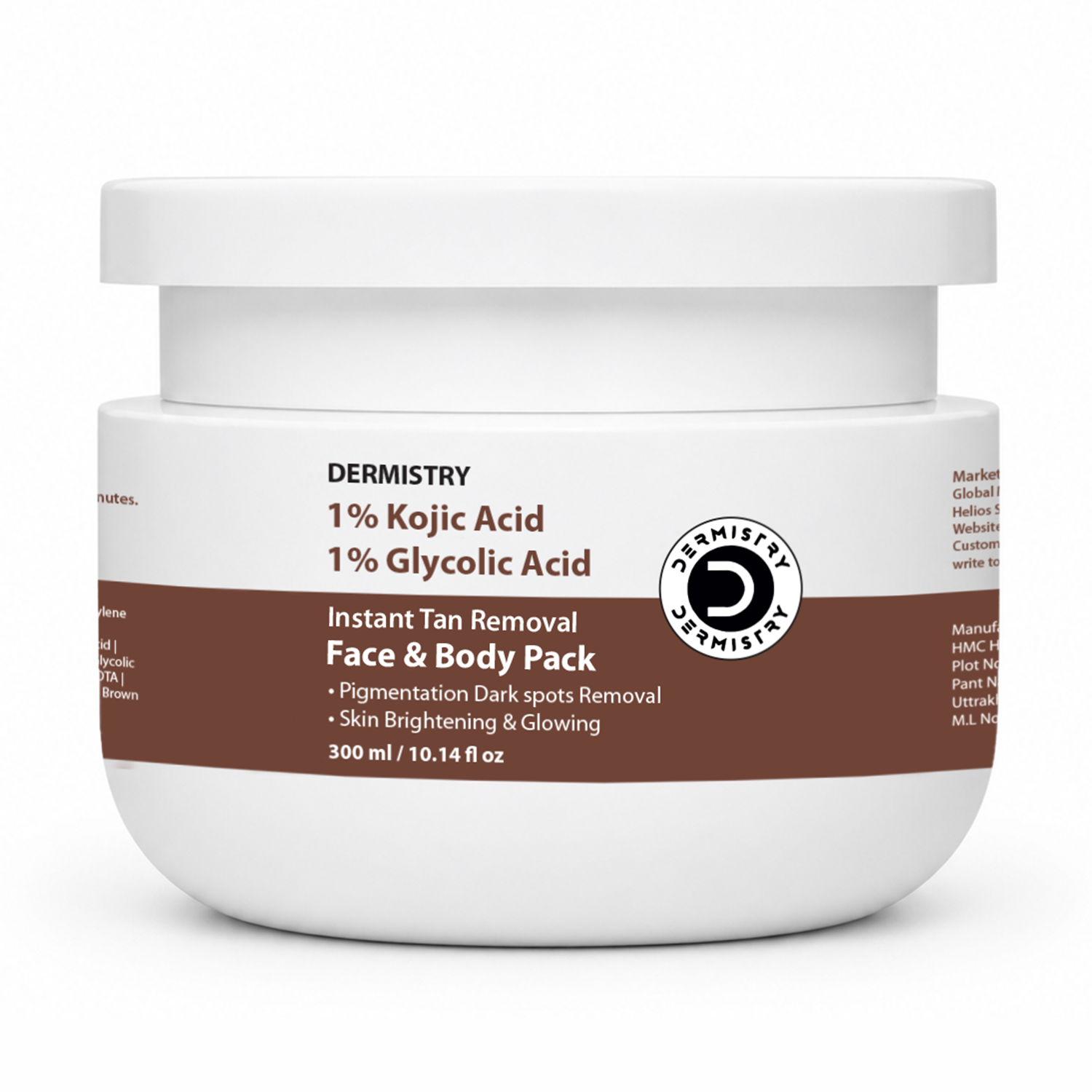A white plastic jar of Dermistry Instant Tan Removal Face & Body Pack with a brown and white label, set against a plain white background.