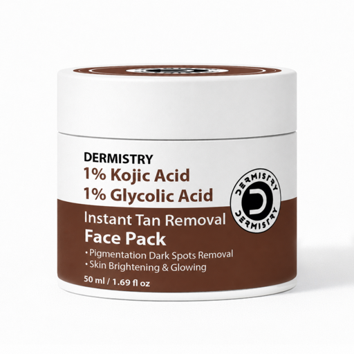 A white and brown jar of Dermistry 1% Kojic Acid and 1% Glycolic Acid Instant Tan Removal Face Pack on a white background.