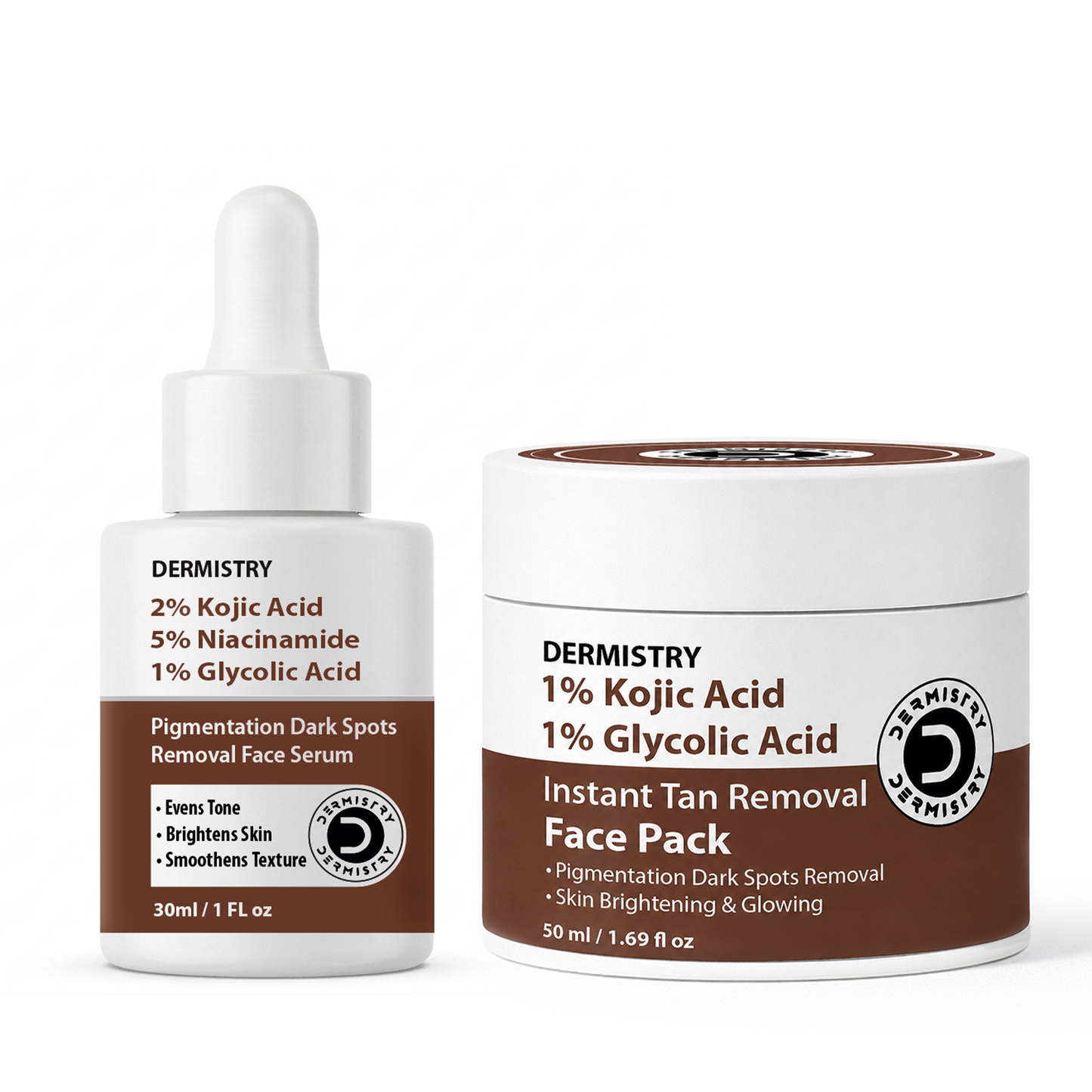 Dermistry skincare set featuring a 30 mL bottle of Pigmentation Dark Spots Removal Face Serum and a 50 mL jar of Instant Tan Removal Face Pack, both with white packaging and brown labels, on a white background.